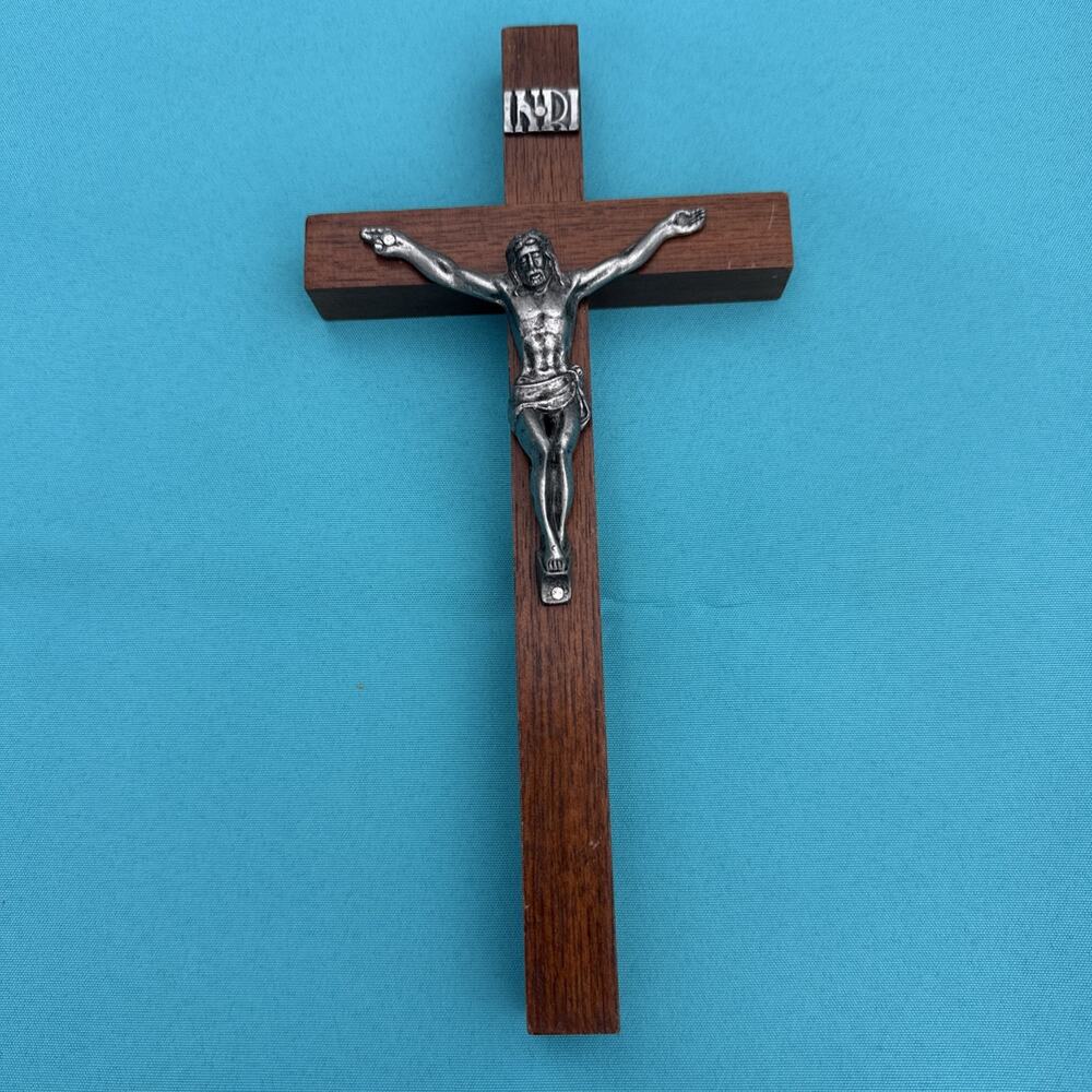 Vintage Wood Crucifix Wall Cross 10” Large Solid Oak Metal Corpus INRI Catholic